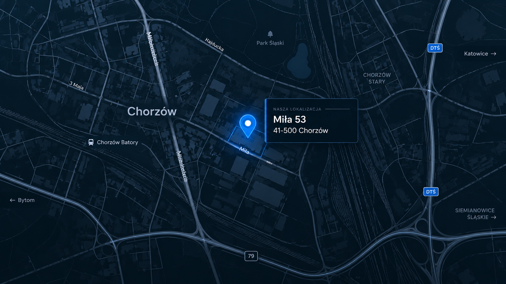 Mapa Chorzowa z zaznaczoną lokalizacją MARO Laser przy ul. Miłej 53